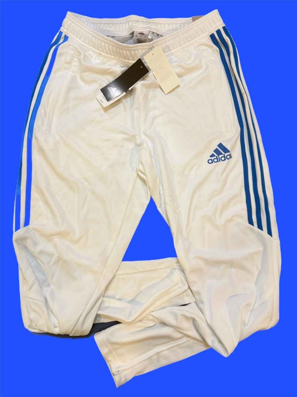 adidas Tiro White Track Pamt with Blue Side Stripes NWT
